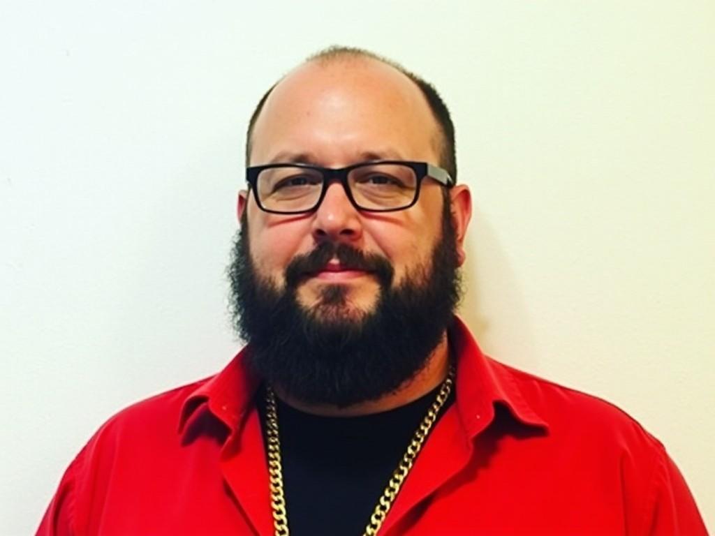 A man with glasses and a full beard is standing in front of a plain white wall. He is wearing a red collared shirt with a gold chain around his neck. The shirt has a black inner collar visible. His expression is neutral, and he is looking directly at the camera. The lighting is soft, providing an even illumination across his face.