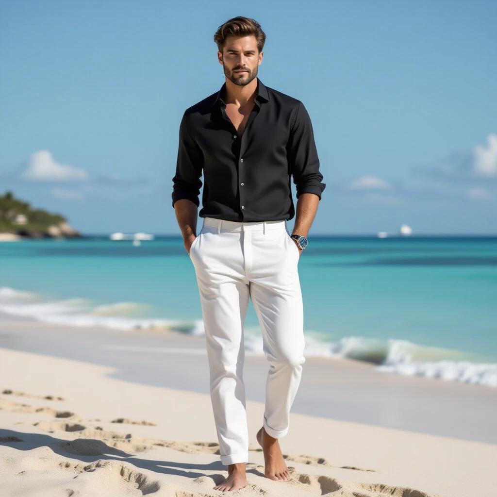 A stylish man stands on a beach wearing a black shirt and white pants. The sandy shore and blue ocean are visible. The sun is shining brightly creating a vibrant scene.