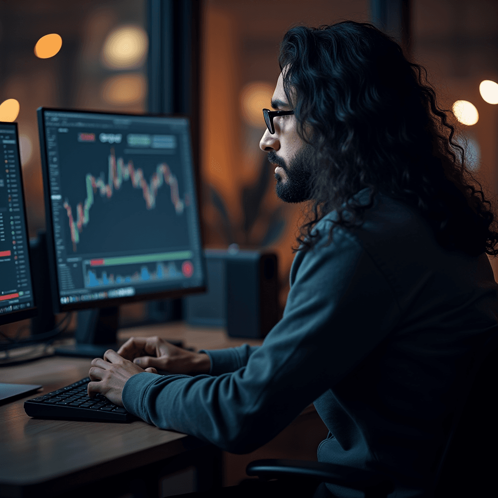 A person intensely analyzing stock market charts on multiple monitors in a dimly lit office.