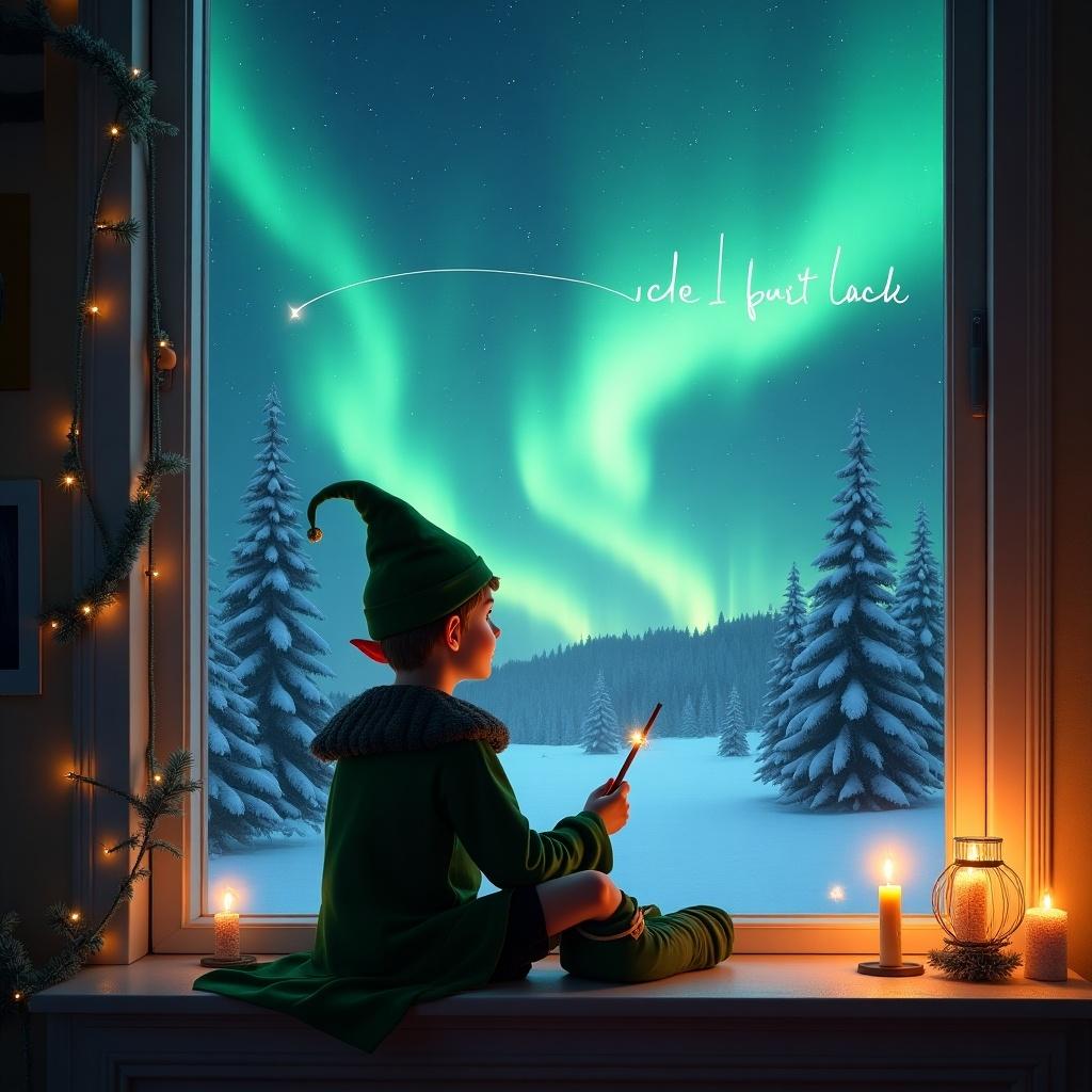 The image depicts a boy dressed as an elf sitting on a windowsill. He looks out at the Northern Lights, holding a wand. The boy is writing 'Brodie I’m coming back' in the sky. The scene captures a cozy indoor room with Christmas decorations and warm candlelight. Outside, snow-covered trees enhance the winter wonderland feel. The overall atmosphere is festive and magical.