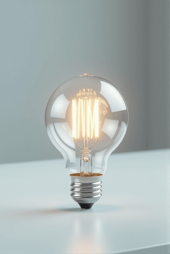 A glowing light bulb sits on a smooth surface, casting soft reflections.