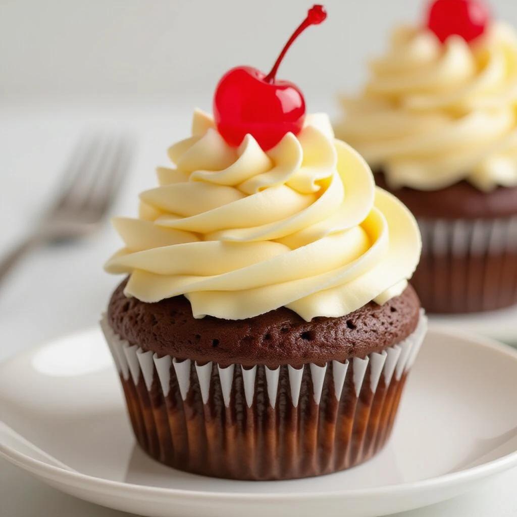 Cupcake with chocolate base. Frosting shaped in swirls. Topped with a red cherry. Placed on a white plate. Soft background with a fork visible.