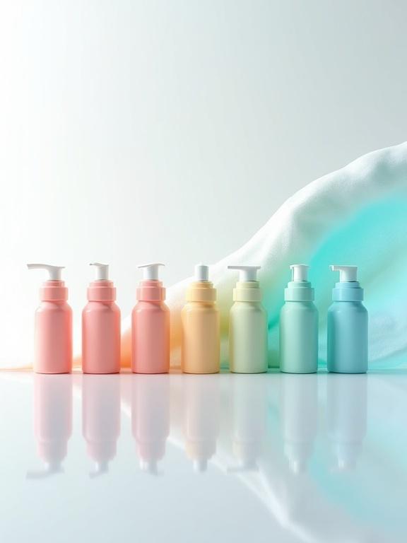 Product photography featuring eight pastel-colored moisturizer bottles arranged horizontally on a reflective white surface. The bottles create a gentle wave-like formation with a translucent wave backdrop matching their colors. Soft, uniform lighting enhances the vibrant shades and unique bottle shapes.