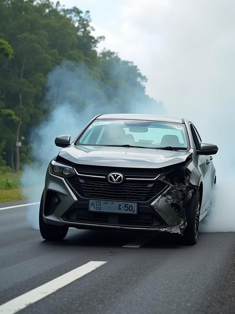 Serious car accident in Malaysia. Proton X50 severely damaged on the road. Smoke billows from the vehicle.