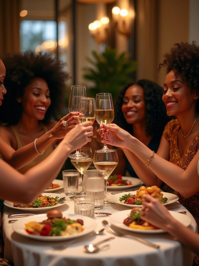 A scene captures essence of sisterhood. Women of various races sizes and backgrounds sit at an elegant restaurant table. Sharing food drinks and laughter. Luxurious setting with soft ambient lighting and plush seating. Beautifully adorned table features decadent dishes and wine glasses. Women are stylish in trendy outfits. Hands lift glasses in a heartfelt toast. Atmosphere is warm and joyful. Smiles and expressive eyes convey connection and love.