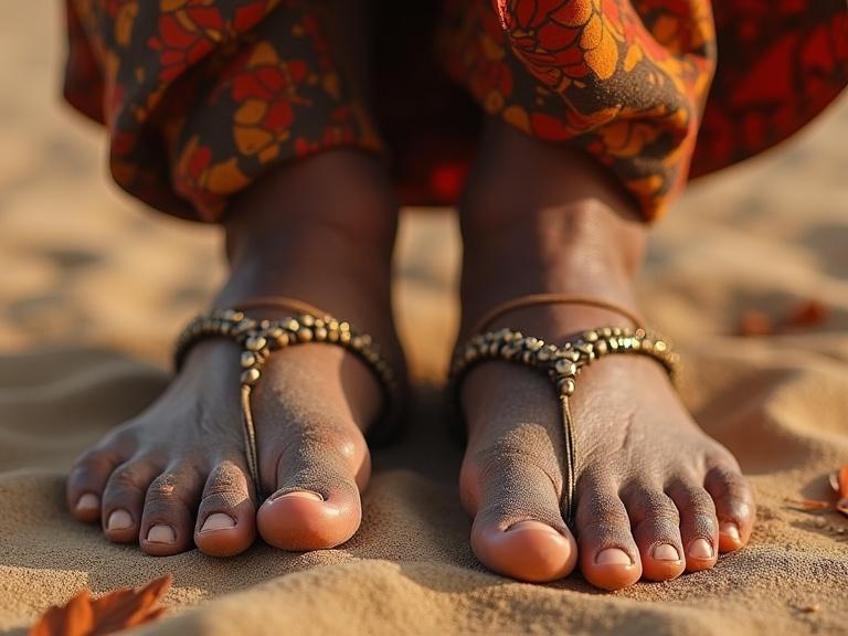 Close-up of African soles of feet with decorative elements. Feet are resting on soft sand with a blurred background. Natural light enhances the texture of the skin and accessories.