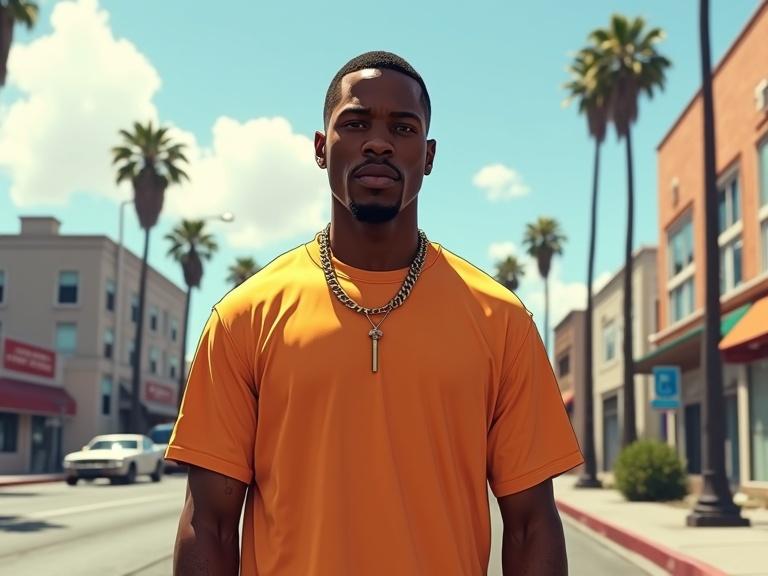 Full frontal view of a confident Black male rapper in bright Los Angeles. Bright yellow t-shirt without prints. Street scene with palm trees. Sunlight creates soft shadows. High-resolution with bold outlines and vivid colors. Captures GTA 5 influenced aesthetics.