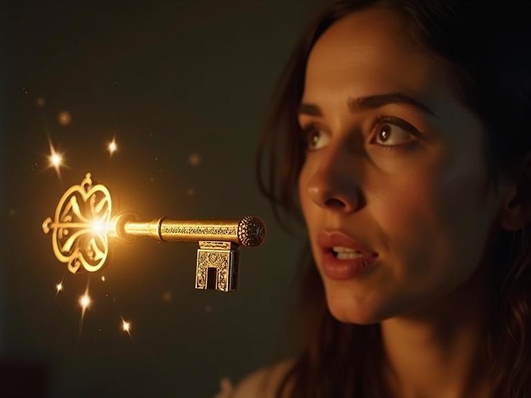A cinematic artwork features a glowing antique golden key floating near a person's face. The person shows an expression of surprise mixed with hope. The key symbolizes new opportunities. Highly detailed with magical realism elements.