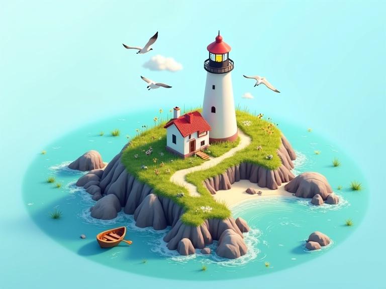 Charming 3D isometric diorama depicting a coastal lighthouse on a rocky shore. Bright daylight fills the scene featuring a clear blue sky and emerald blue sea. Lighthouse on a cliff surrounded by grass and wildflowers. Small pathway leads to a cottage. Seagulls fly overhead and waves crash against the cliffs. A wooden rowboat is moored nearby. Clean, colorful style resembling vector illustrations