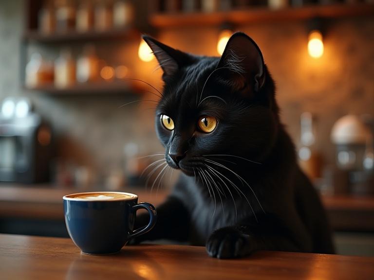 realistic rendering of a young black humanoid kitten barista in an apron preparing coffee behind a bar counter. Intimate atmosphere