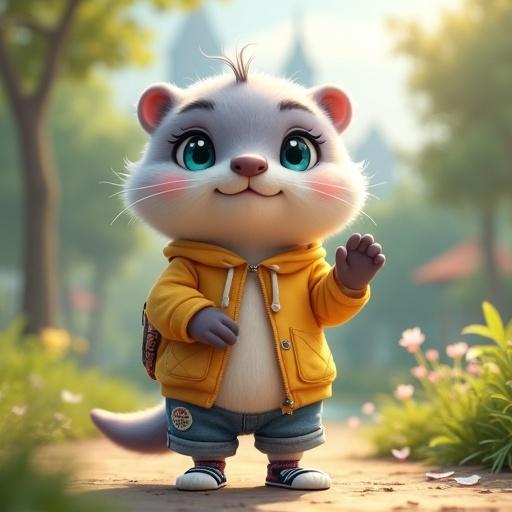 Cute anthropomorphic otter named Lumi stands upright. Lush urban park at the edge of the city is in the background. Character has silvery-lavender shimmery fur. Otter is child-sized standing at one meter tall. Soft rounded body with a slightly chubby belly. Playful tuft of silvery hair on top. Large round turquoise eyes with star-shaped pupils. Gentle perpetual smile with expressive eyebrows. Small rounded tufted ears. Wearing an oversized yellow hoodie and denim shorts. Mismatched colorful socks are visible. Character carries a tiny backpack with patches and stickers. Features a friendship bracelet and tiny heart-shaped pin. Waving both hands excitedly with a joyful expression. Magical shimmer surrounds character. Agile expressive tail adds to the cute image. Lush greenery contrasts with city buildings in the distance. Light evokes a magical yet familiar atmosphere.