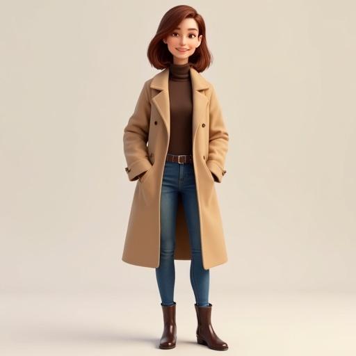 Character design of a Pixar-style woman. She wears a long beige coat with a dark brown turtleneck. Slim blue jeans complete her look. Dark brown ankle boots match the outfit. She has shoulder-length chestnut brown hair. The background is plain and neutral.