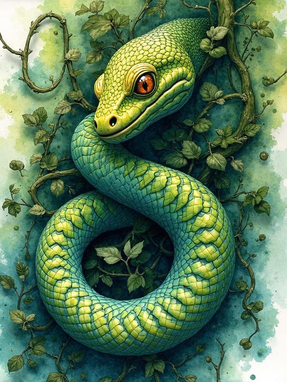 A beautiful emerald-green snake coils gracefully through emerald vines. The snake features striking, colorful scales and captivating golden eyes. The artwork combines ink-splatter techniques with soft watercolor lighting for a harmonious effect.