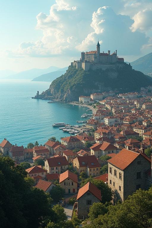 A breathtaking coastal city with several houses. A castle is atop a small hill at the center. The scene includes blue water and distant mountains.