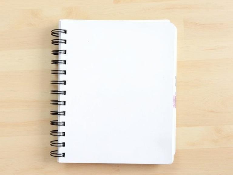 Square notebook with rounded corners placed on light wood background. Blank cover and visible spiral binding. Top view slightly tilted.