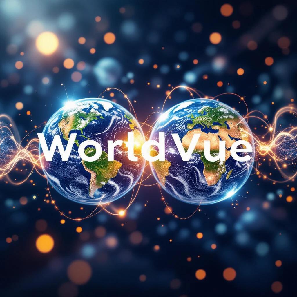 Conceptual artwork depicting WorldVue linked through quantum entanglement. Two translucent spheres represent different world parts. Spheres are linked by energy tendrils and shimmering particles. Background is a blurred cosmic tapestry. Style is abstract and scientific with glowing particles and intricate patterns. Focus on invisible forces. Macro photography style with particle effects.