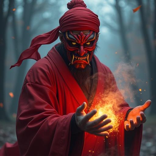 A male character with a red headscarf tied on his head. A Chinese Nuo mask covers his face. He has long fangs and big evil eyes. Wearing a robe, hand surrounded with evil energy holding a Talisman paper. Incense and smoke in a mysterious outdoor background at night. Head forward close to the lens in an action pose. Dancing in a weird manner. Represents Nuo dance with atmospheric perspective. Irradiated by light and shading. Character is focused with fantasy elements in game concept art style.
