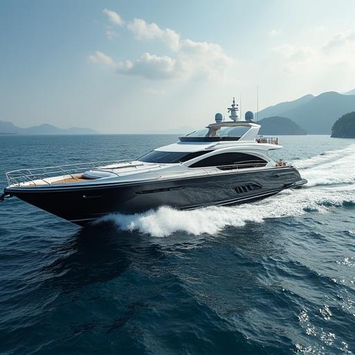 Luxury yacht sailing on calm water near mountains under a clear sky.