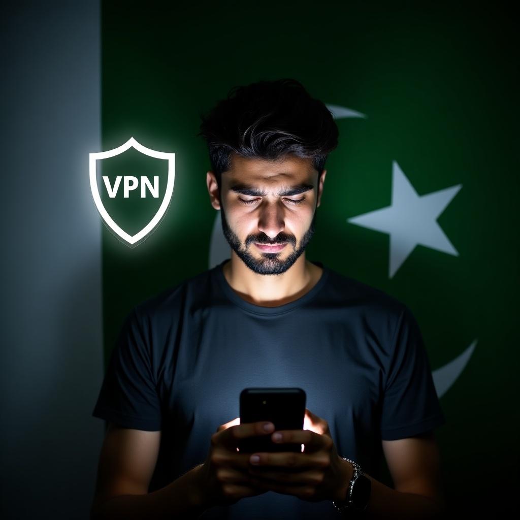 A young man displays a distressed expression while using a smartphone. The background shows the Pakistani flag prominently. A VPN shield symbol appears beside him, indicating online security. Dramatic lighting highlights his worried face. This image emphasizes the significance of cybersecurity.