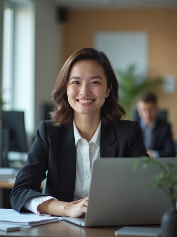 Photo of a smiling business woman in a modern office. She is wearing a black blazer and has her hands clasped on a table.