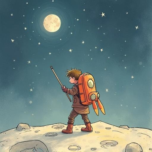 Child sketches a rocket ship on moon surface with a stick. Digital illustration in storybook fantasy style. Soft crayon-like colors with star sparkles. Pale grays and warm glow. Gentle moonlight ambiance.