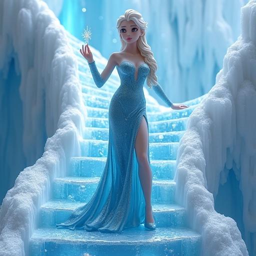 A powerful and sensual woman inspired by Elsa from Frozen climbs a majestic ice staircase. She displays elegance and confidence. Long, flowing platinum-blonde hair cascades down. Dress is semi-sheer, ice-blue, and sparkly with a long slit. Magical ice crystals float around her. Staircase is made of translucent ice with a slight upward curve. One hand raised as if casting ice magic. Confident expression with slightly parted lips. Light reflections enhance the cold, sparkling atmosphere. Full-body view, no background, with realistic lighting for 3D reference.