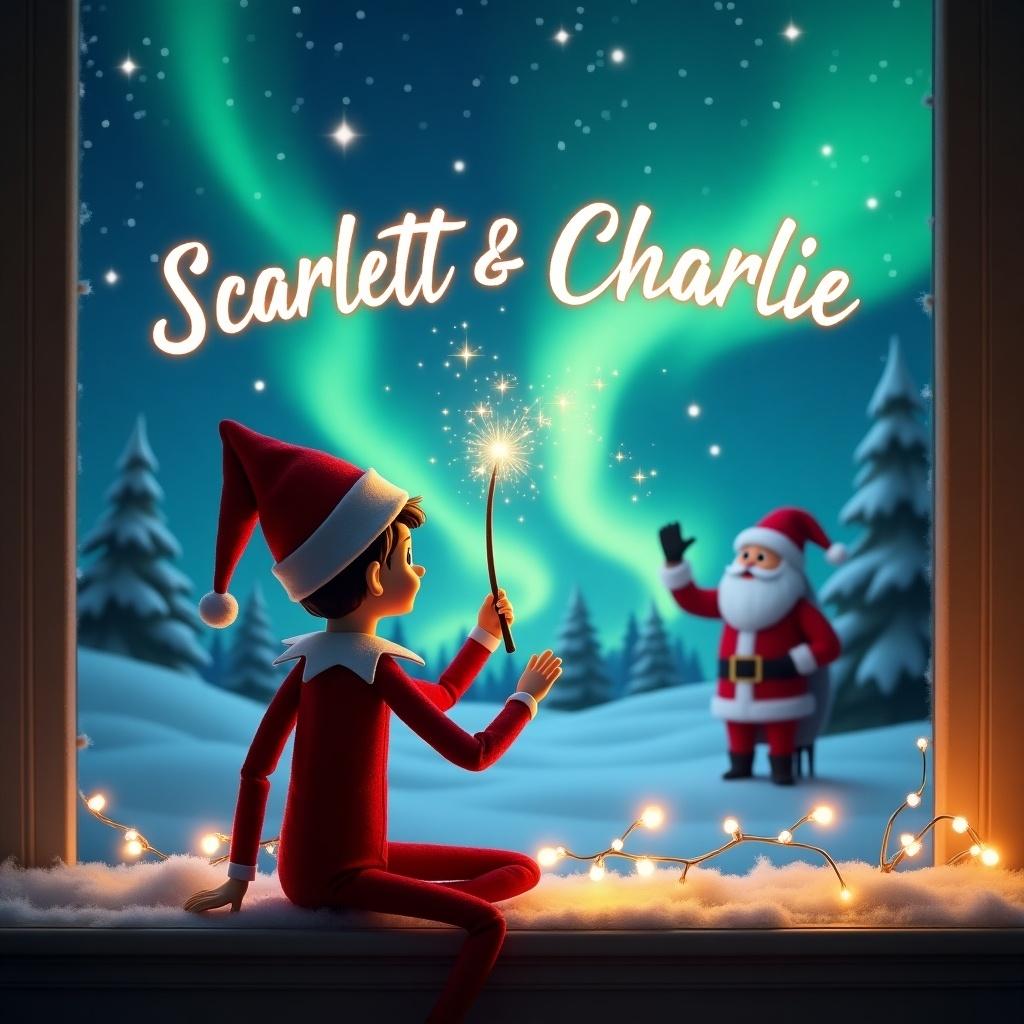 This image features an elf on the shelf with its back to the viewer, gazing at a magical winter sky. It is using a wand to elegantly write 'Scarlett & Charlie' in the sky, making the scene enchanting and festive. In the background, Santa Claus waves cheerfully, set against a backdrop of stunning northern lights. The whole setting is cozy, with snowy landscapes and twinkling lights around. This illustration captures the essence of holiday magic for children and families alike.