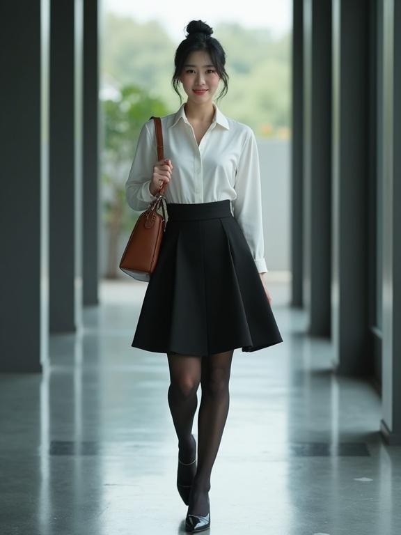 Full-body image features an East Asian female agent moving gracefully through corridors of an open-air building. She wears black pantyhose and closed-toe heels. Her outfit includes a white blouse and a knee-length skirt. She carries a brown satchel over her shoulder. Hair is neatly bunned with a red bow. The background has a modern ambiance.