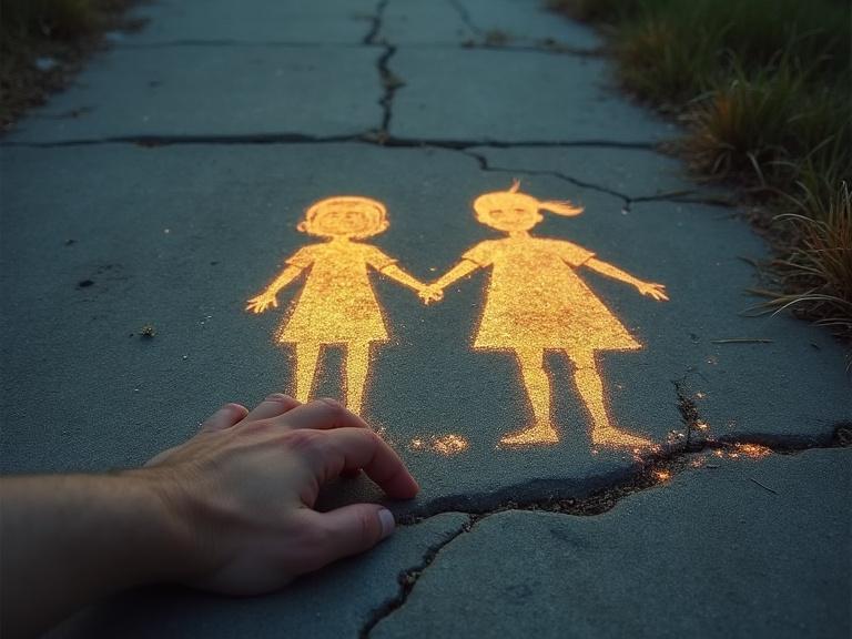 Weathered hand near faded chalk drawing of two children holding hands on cracked sidewalk. Drawing glows faintly as figures dissolve into light particles. Quiet and nostalgic scene with warm twilight tones and soft focus.