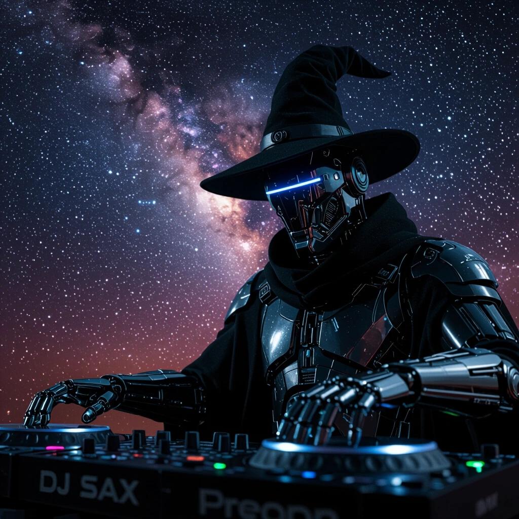 Cyborg dressed as a wizard stands behind turntables at night. Background filled with stars and a nebula. Text 'DJ SAX' on turntables. Close-up view emphasizes the unique character design.