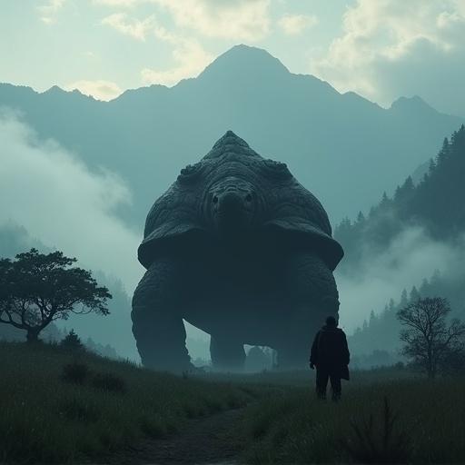 A giant turtle monster walks across grassy lands. Huge mountains and hills are in the background. Dark silhouette of a 190 ft tall turtle with a thick textured shell. A figure stands in the foreground. Atmosphere is foggy with clouds. This is a dark cinematic scene.