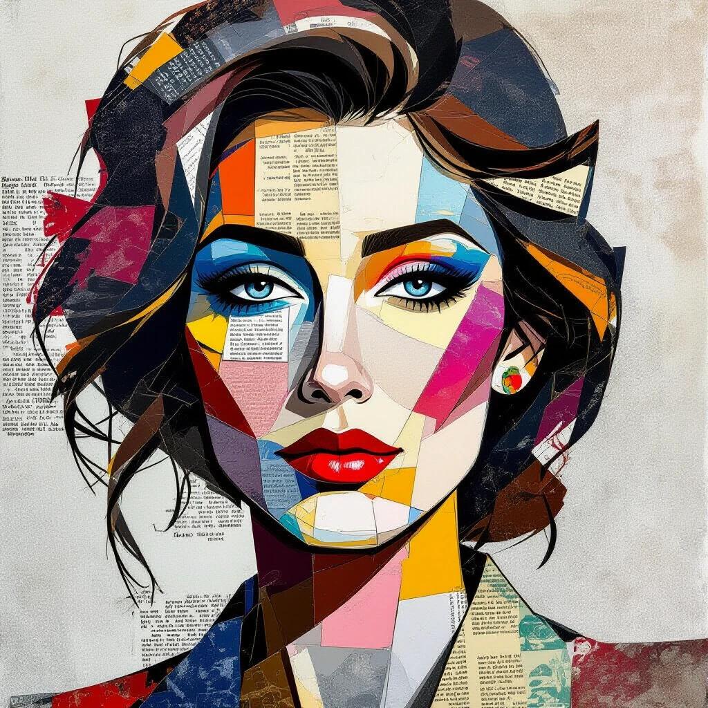 Mixed media portrait created with surreal collage. Uses newspaper and paper fragments. Features abstract mosaic design. Incorporates bold textures and contrasting colors. Emphasizes emotional depth and identity transformation. Reflects cultural symbolism with journalistic details.