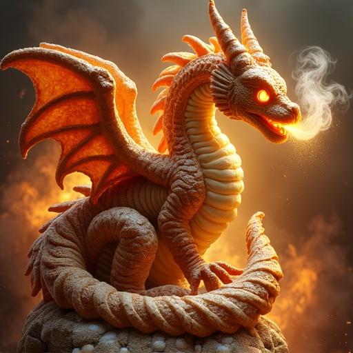 Digital illustration of a steampunk dragon made from bread. Dragon sculpted from baguette with glowing cinnamon-sugar eyes and wisps of steam. Intricate croissant wings and curved pretzel arches surround the dragon. Dramatic fiery backdrop enhances the fantasy scene.