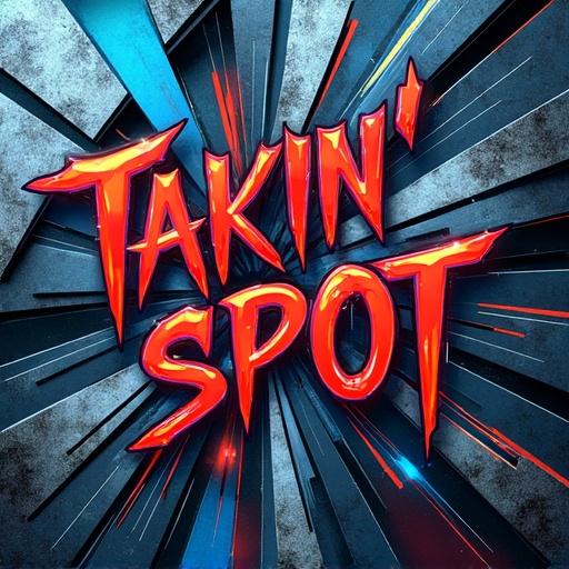 Album cover design showcases abstract artwork. Features bold stylish typography for 'Takin' Spot'. Background has layered geometric shapes and motion lines. Color palette includes electric blue deep red black and silver. Textures are inspired by concrete metal neon lights. Typography is sharp angular graffiti-inspired sans-serif. Text appears to interact with background as if breaking through. Clean visually striking design blends motion tension and bold attitude.