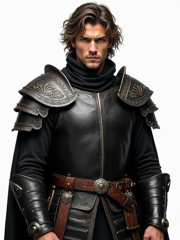 Full body man in a black leather medieval warrior outfit with ornate shoulder armor. He stands confidently with a belt full of weapons. His face is angular, skin is light-medium and sun-kissed. Eyes are hazel-green. He has dark wavy hair with blonde highlights. Expression is calm and stern. Background is transparent.