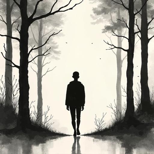 Bald human silhouette in black fill. Thin tall teen walking in a forest. Monochrome minimalist sketch. Delicate ink lines on textured paper. Serene mood inspired by traditional Asian brushwork.