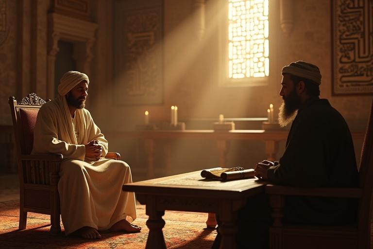 Highly detailed cinematic scene set in ancient Islamic courtroom. Jewish man in traditional robes shows emotion, admits lack of witnesses, hands raised. Wise Qazi sits thoughtfully, listening with folded hands. Hazrat Ali stands beside calmly. Atmosphere tense yet respectful. Warm sunlight cast shadows in room. Arabic calligraphy on walls, candles flicker, ancient scrolls on table. Emotional weight of justice and humility in spiritual setting.