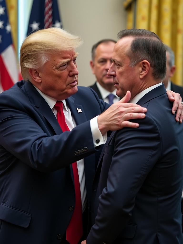 Trump interacts with Zelensky in a diplomatic meeting. The scene captures a significant political event. Flags are visible in the background. The atmosphere conveys political tension.