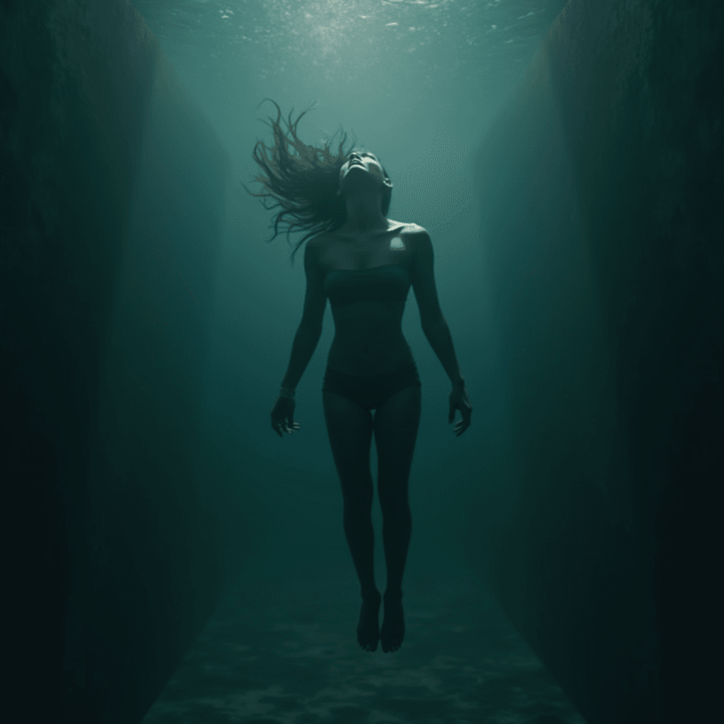 A woman floats peacefully underwater, surrounded by a faint glow from above.