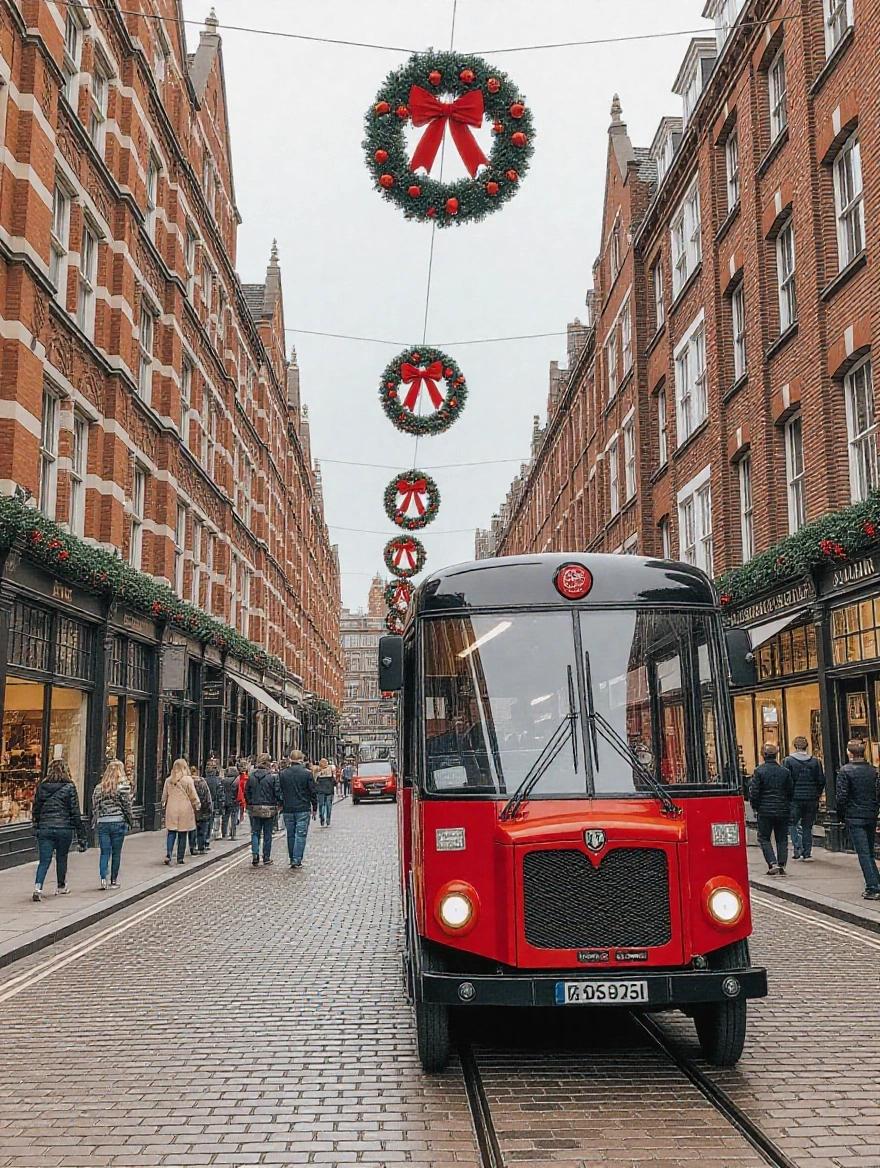 A vintage red bus is parked on a cobblestone street. The street is decorated with Christmas wreaths. People walking along the street. Historic brick buildings line both sides.