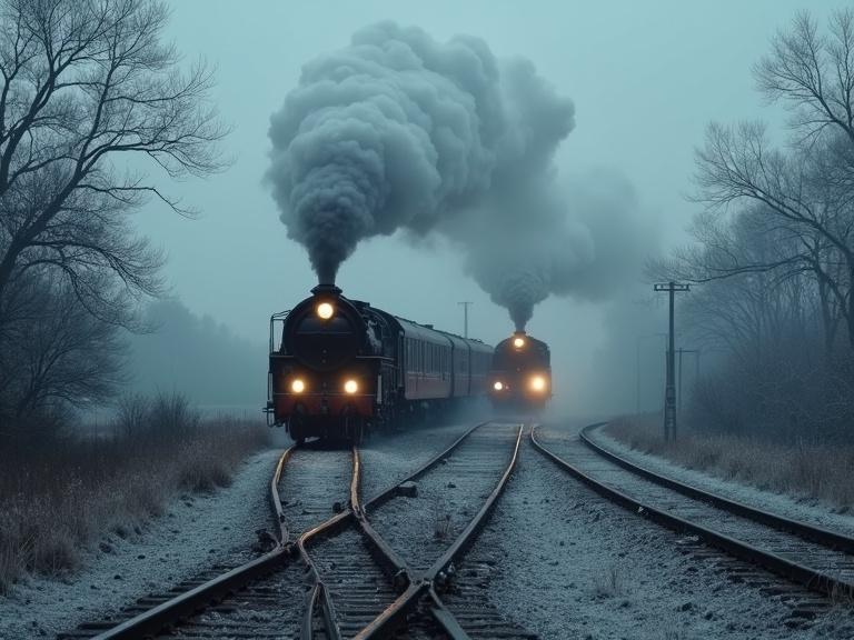 A Victorian-era railway scene in winter. Two steam trains race side-by-side. Frosted fields and bare trees surround the railway. The atmosphere is cold and quiet. Smoke billows from the engines under a grey sky. Shadows hint at a mystery framed by the frosted window.