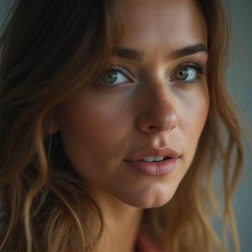Close-up portrait of a woman with soft features. Natural lighting highlights her face. Focus on her eyes and lips.