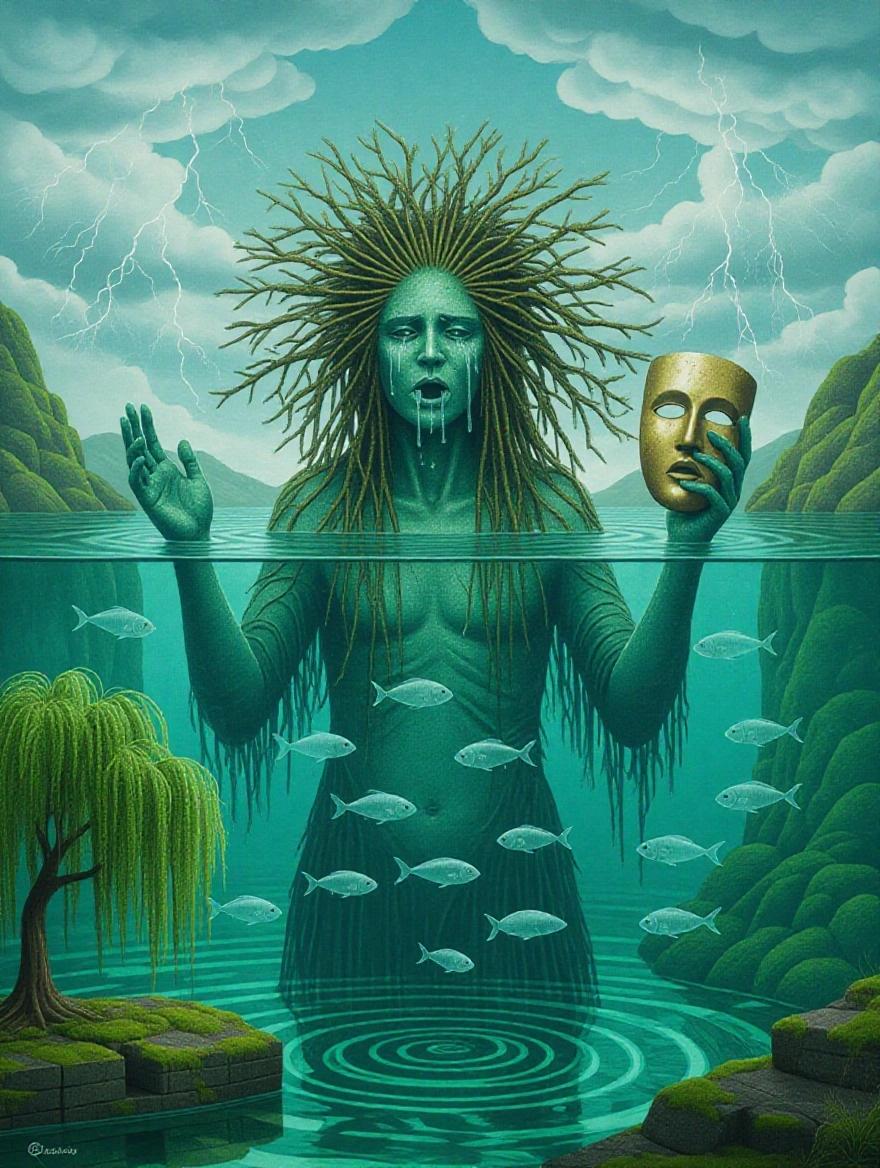An aquatic being with a vaporous body and hair made of dried seaweed emerges from a crystalline riverbed. The being holds a split Greek mask. The water reflects scenes from past lives and transparent fish swim around. A weeping willow tree with teardrop branches is present, alongside a mossy limestone barge and low clouds with lightning.