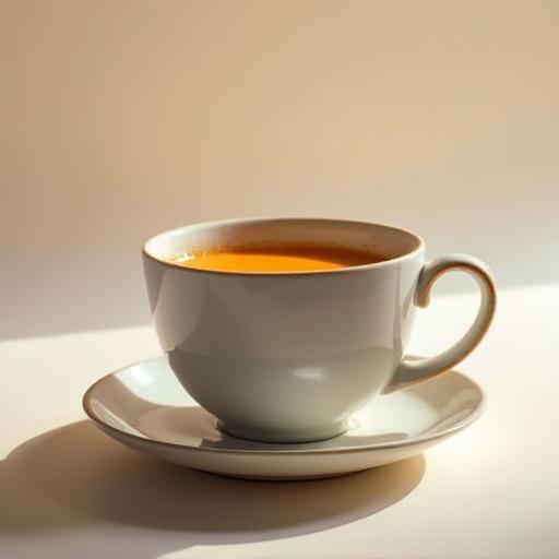 Photo realistic image of a plain soup mug on a white plate. Warm tones dominate the scene. The background is neutral and soft. Mug is slightly angled.