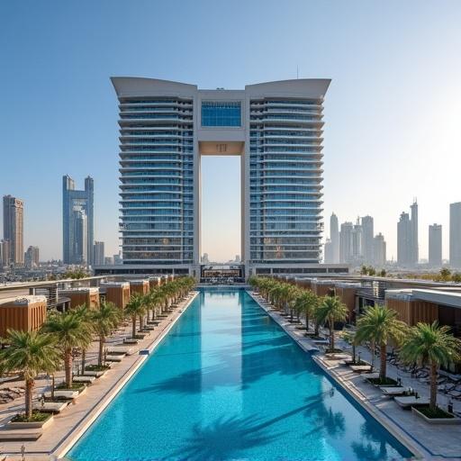 Massive modern style hotel located in Dubai. Large pool area. City skyline in the background.
