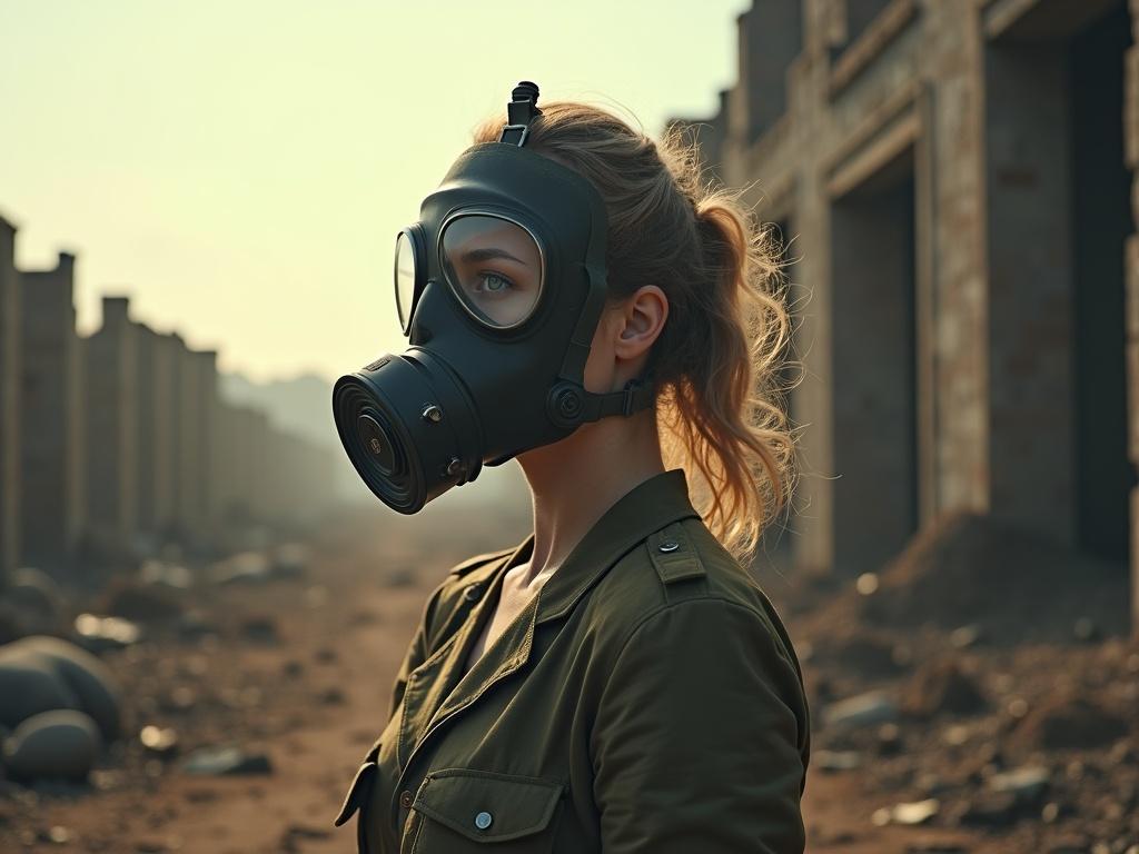 Dramatic image of woman in WWI gas mask. Surrounded by battlefield ruins. Composed posture in natural light. Rich technicolor tones.