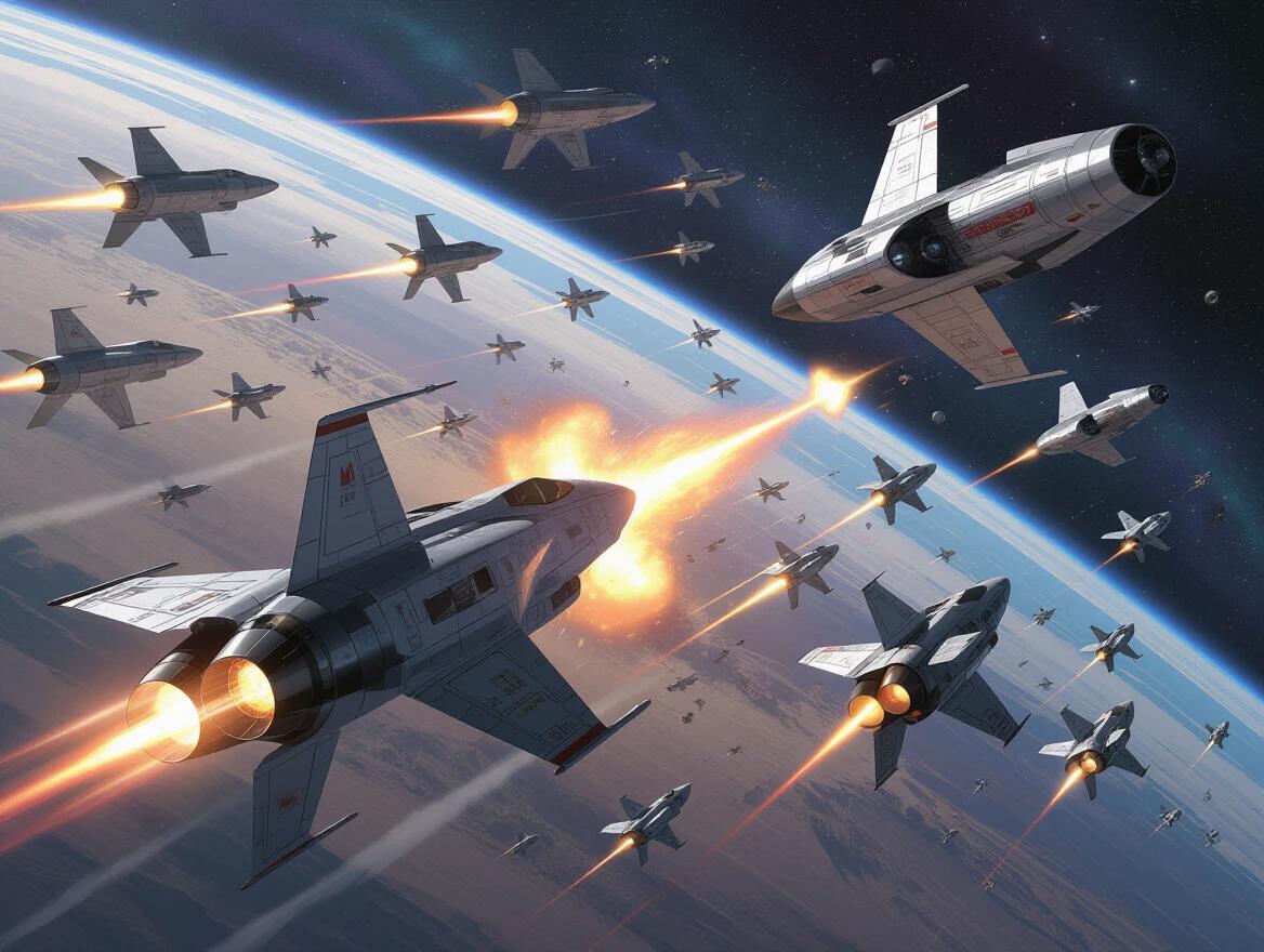 Maximalist illustration of a science fiction space battle. Show an array of detailed fighter jets in action against a backdrop of a planet. Include fiery explosions and background stars.