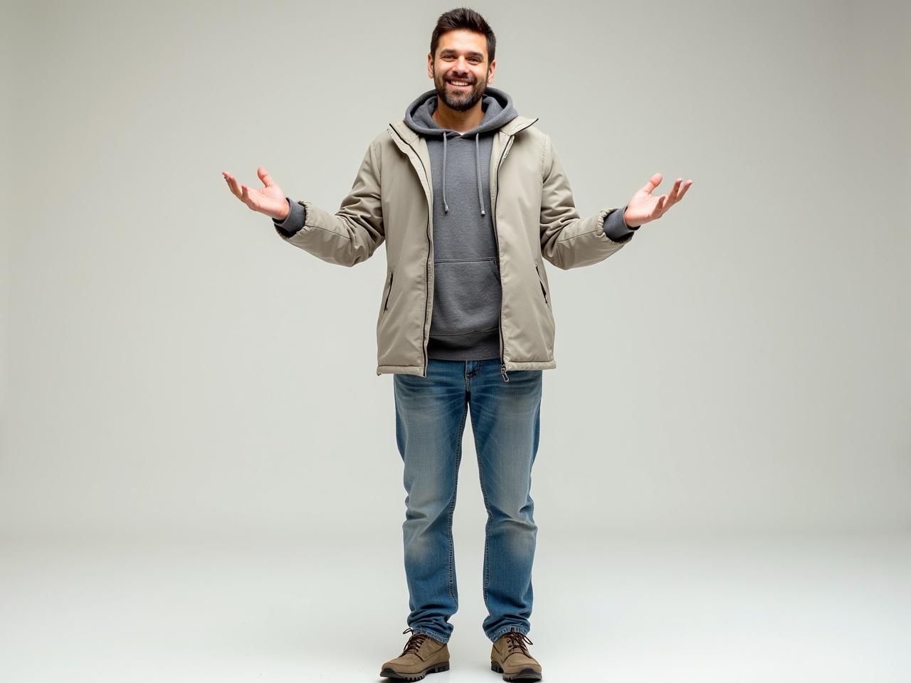 A man is standing with a relaxed posture, wearing a light jacket over a gray hoodie. He has jeans on and sturdy shoes. The scene is casual, with an outdoor background that suggests daytime. There is a sense of friendliness in his expression. Imagine enhancing the image by adding another hand to his stance, making it more dynamic and engaging.