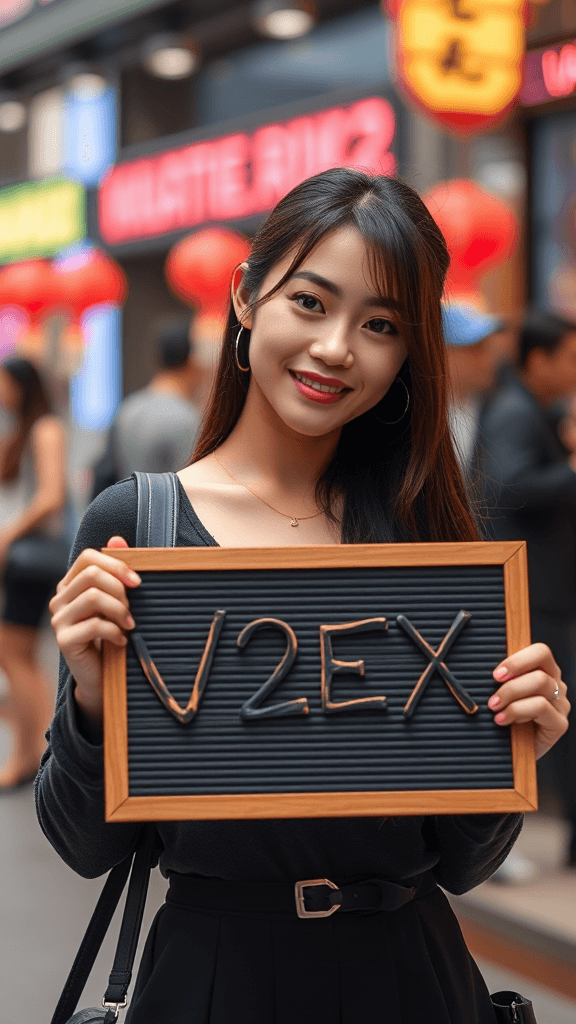 A woman holds a 'V2EX' sign in a bustling city street adorned with colorful lights and signs.