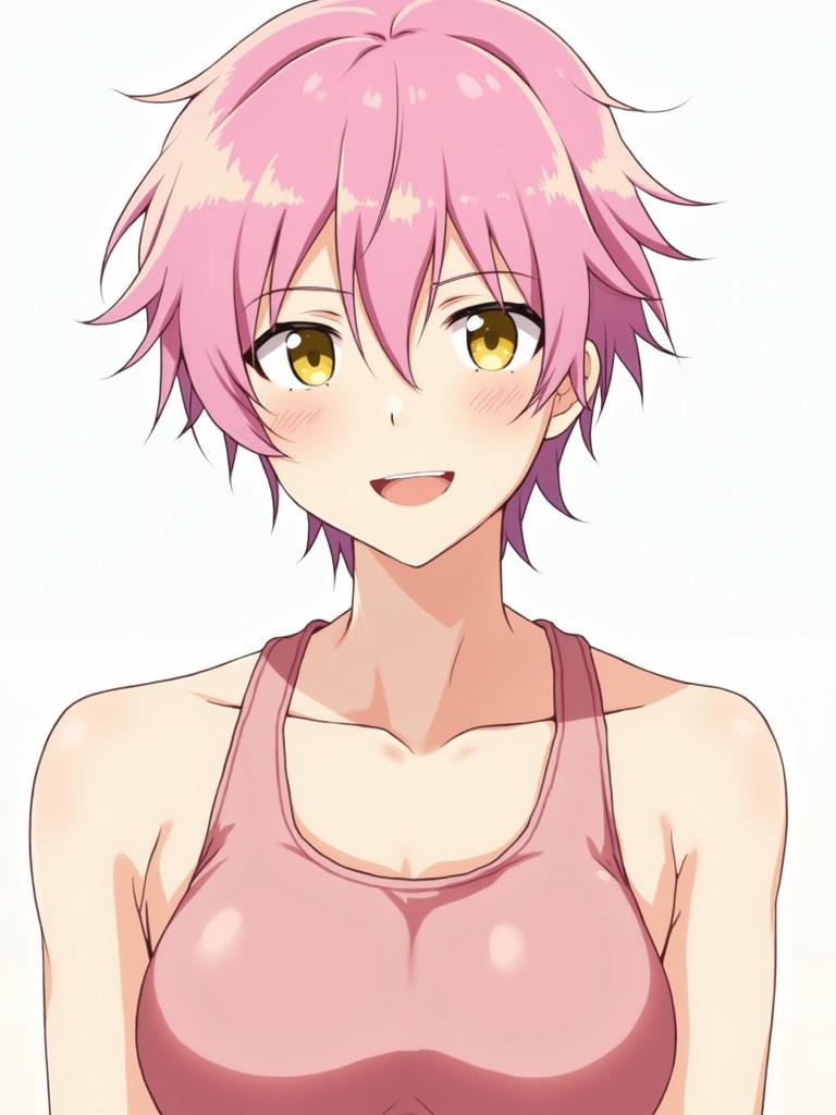 Anime character with pink hair wearing a swimsuit. Character has a cheerful expression. Character has yellow eyes and is illustrated from the front.